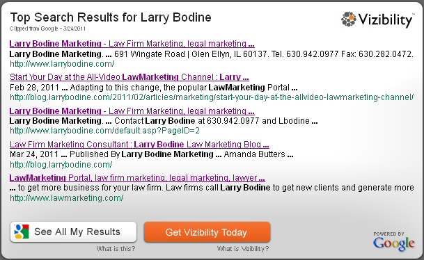 vizibility searchme, larry bodine, lawmarketing blog